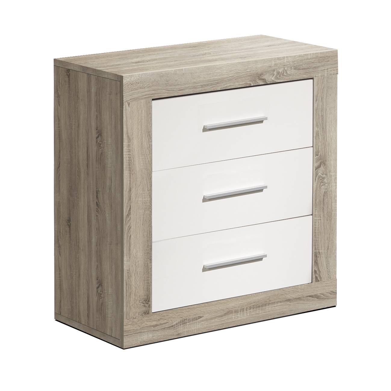 Mesita de 3 cajones con guías metálicas, de color blanco o color roble danés combinado con blanco